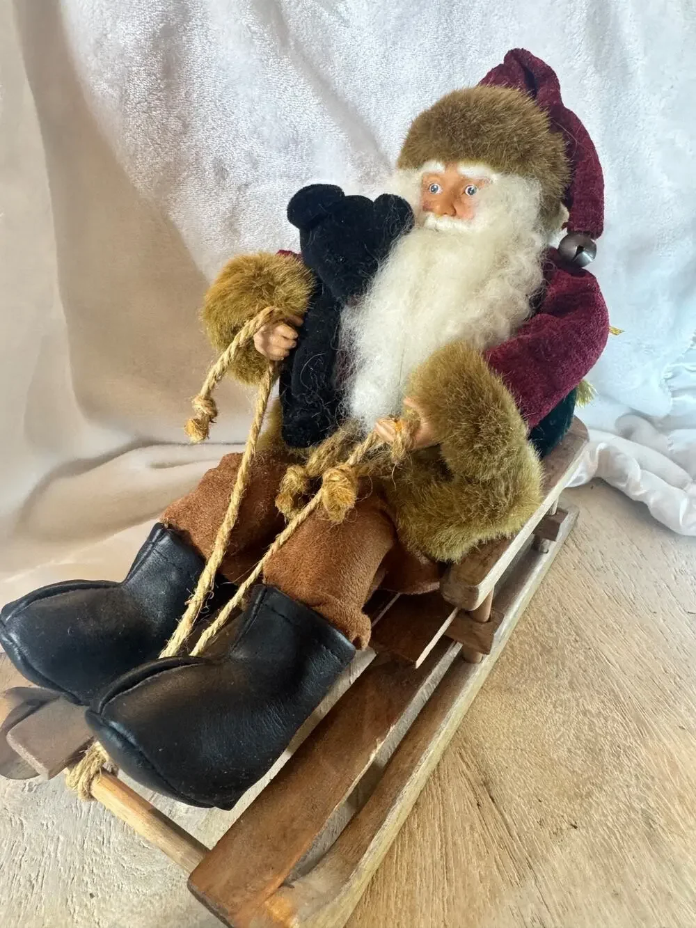 Vintage Old World Santa Wooden Sled Sleigh 12” Table Top Decor Shelf Sitter Y2K